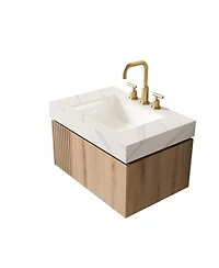 Sillysis Wall Mounted Bathroom Vanity with Carrara Sintered Stone Top, Ceramic Sink, Soft Close Cabinet, Pre-assembled