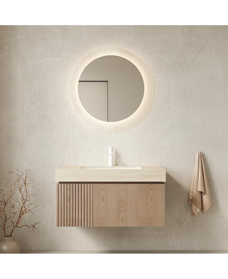 Sillysis Wall Mount Bathroom Vanity with Travertine Sintered Stone Top, Ceramic Undermount Sink, Soft Close Cabinet