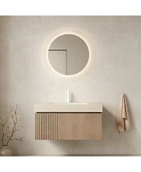 Sillysis Wall Mount Bathroom Vanity With Travertine Sintered Stone Top Ceramic Undermount Sink Soft Close Cabinet Pre Assembled