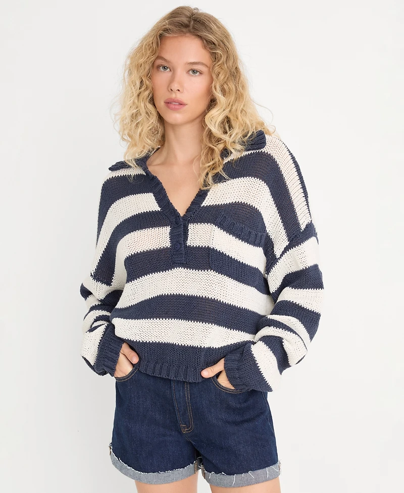 Good American Women's Cotton-Blend Boxy Henley Sweater, Created for Macy's