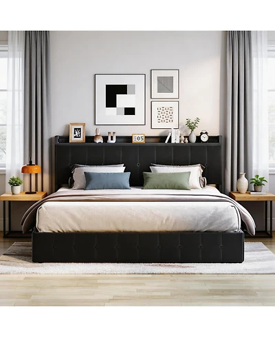 Homfan King Lift-Up Storage Bed Frame, Upholstered Metal Platform Bed with Storage Headboard, Button Tufted, No Box Spring