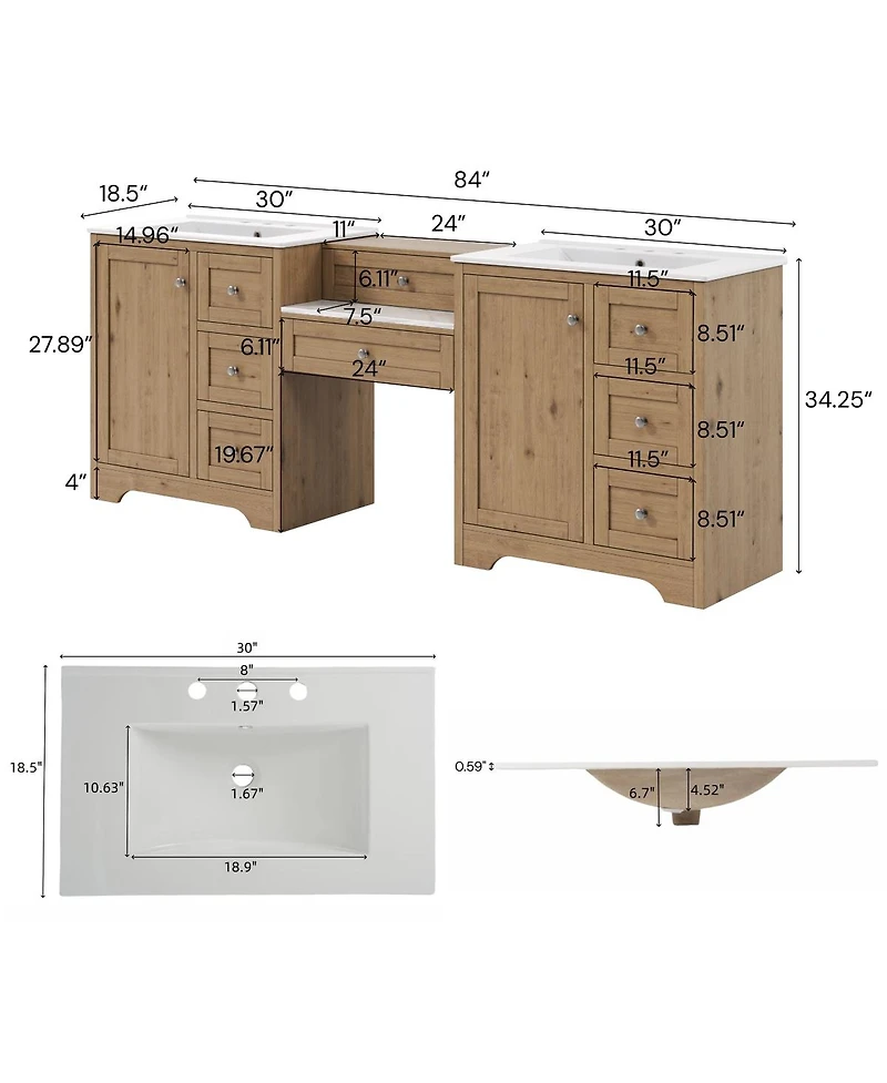 Sillysis 84 Inch Double Sink Bathroom Vanity with Solid Wood Frame, Engineered Stone Top, Soft Close Storage for Modern Homes