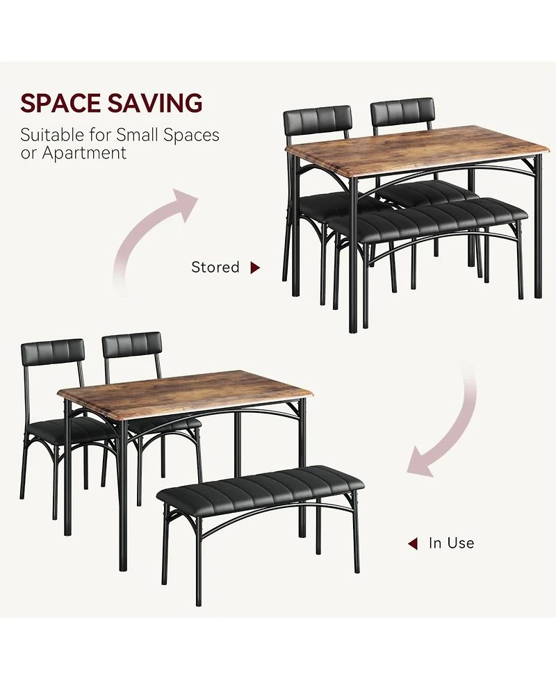 gaomon 4-Piece Wooden Dining Set, Rectangular Table, 4 Chairs and Upholstered Bench for Small Spaces