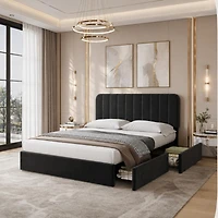 Velvetpholst Uered Platform Bed with 4 Drawers - Vertical Channel Tufted Headboard, Storage Frame, Wood, No Slats Spring, Modern Design Box