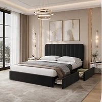 Velvetpholst Uered Platform Bed With 4 Drawers Vertical Channel Tufted Headboard Storage Bed Frame Wood No Slats Spring Modern Design Box