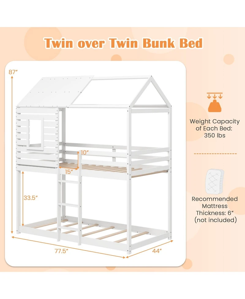 Gouun Twin over House Bunk Bed with Roof and Full-length Guardrails