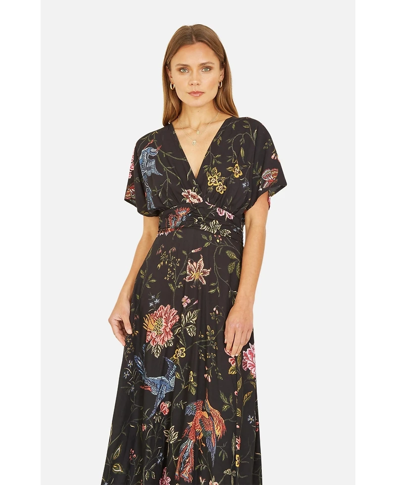 Yumi Women's Short Sleeve V-Neck Ruched Midi Dress