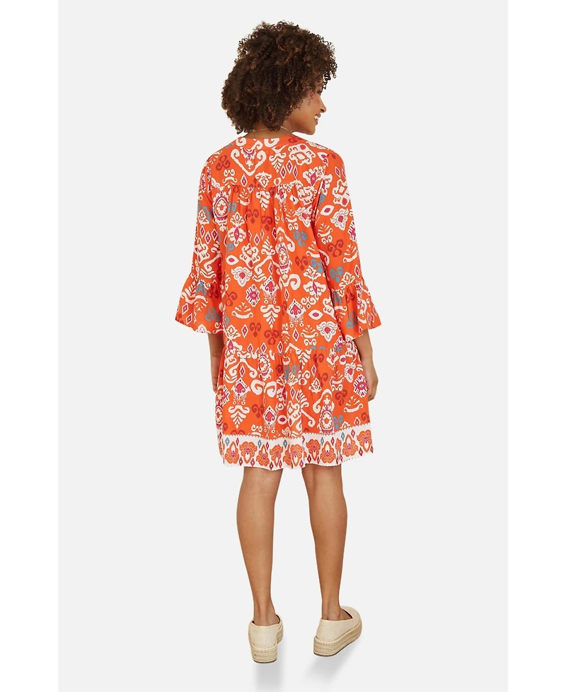 Yumi Women's Ikat Print 3/4 Sleeve Tunic Dress