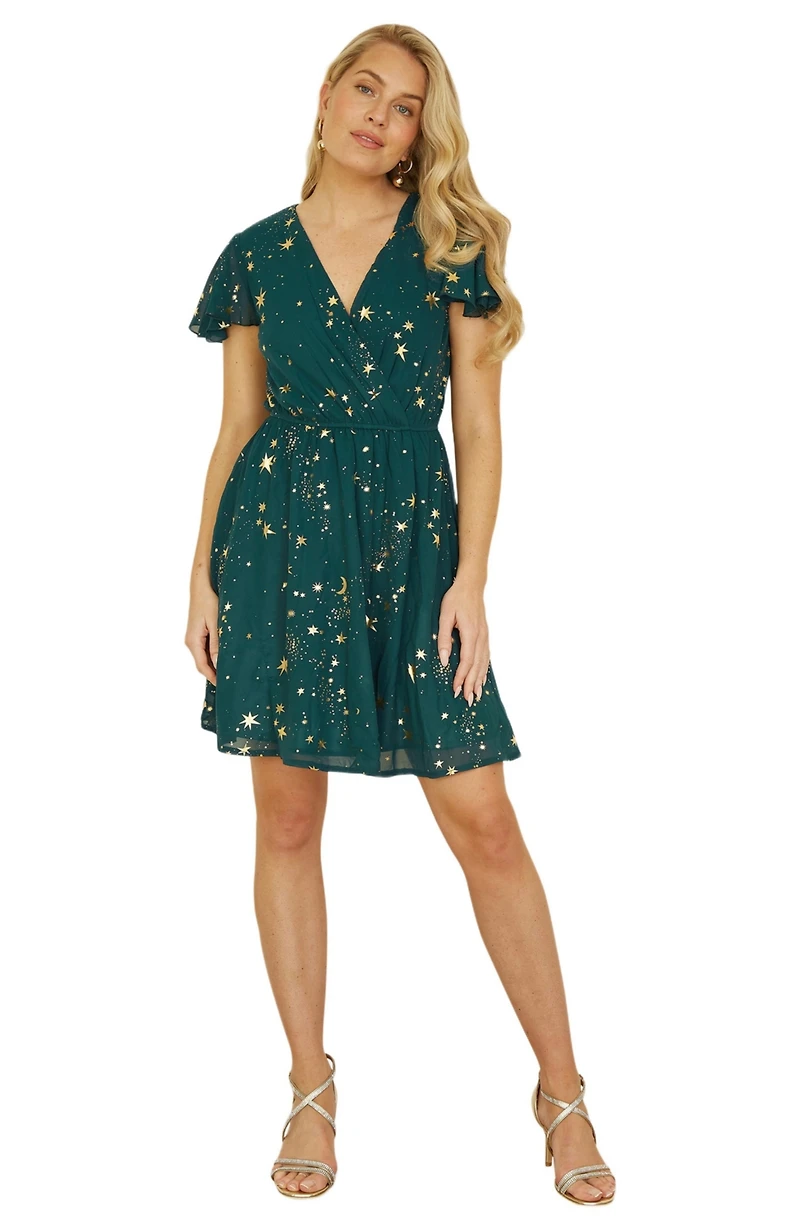 Yumi Women's Foil Star Print Wrap Skater Dress