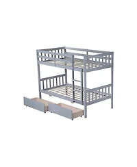 Lucky One Twin Over Twin Rubber Wood Bunk Bed with 2 Drawers, Convertible into 2 Twin Beds
