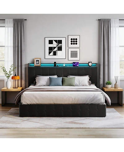 Homfan Lift-Up Hydraulic Storage Upholstered Soft Bed Frame with Led Lights, Power Outlets, Sturdy Metal Slats