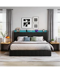 Homfan Lift-Up Hydraulic Storage Upholstered Soft Bed Frame with Led Lights, Power Outlets, Sturdy Metal Slats