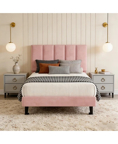 homfan Upholstered Platform Bed Frame with Adjustable Height Vertical Channel Tufted Headboard, No Box Spring Needed/Easy Assembly