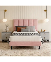 homfan Upholstered Platform Bed Frame with Adjustable Height Vertical Channel Tufted Headboard, No Box Spring Needed/Easy Assembly