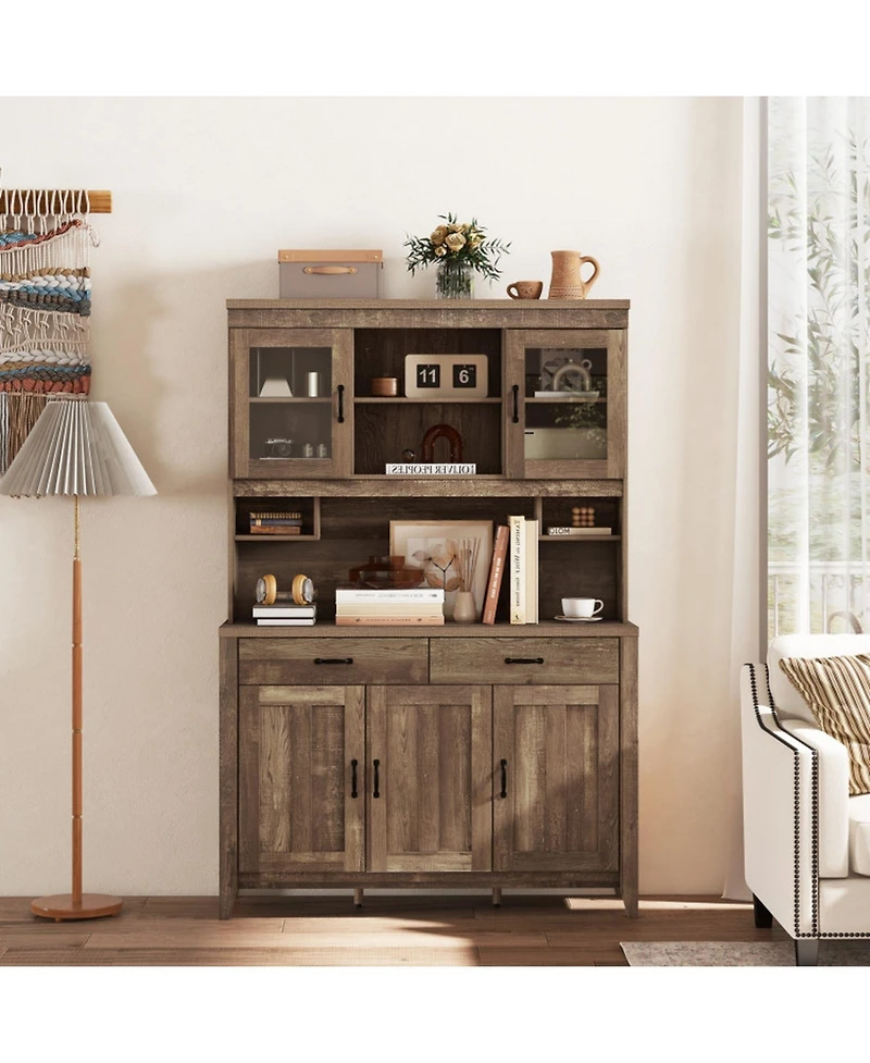 Gouun Kitchen Hutch Cabinet with Microwave Countertop and Tempered Glass Doors