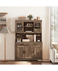 Gouun Kitchen Hutch Cabinet with Microwave Countertop and Tempered Glass Doors