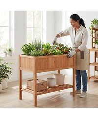 Gymax Wooden Raised Garden Bed w/ Legs Liner Storage Shelf Large Planter Box for Herb