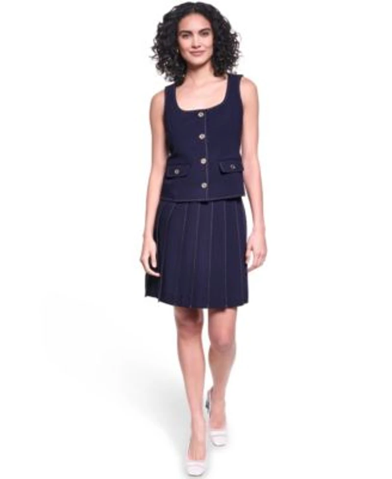 Karl Lagerfeld Paris Womens Contrast Stitch Round Neck Cropped Vest Pleated Skirt