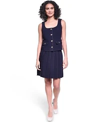 Karl Lagerfeld Paris Womens Contrast Stitch Round Neck Cropped Vest Pleated Skirt