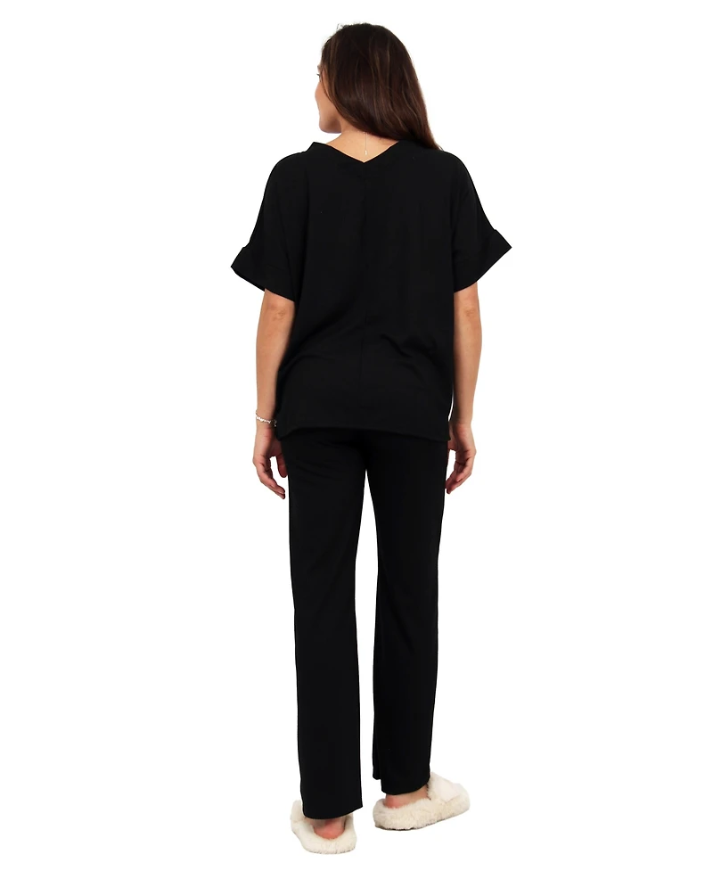 24seven Comfort Apparel Women's V-Neck Top and Drawstring Wide Leg Pant Set