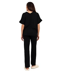 24seven Comfort Apparel Women's V-Neck Top and Drawstring Wide Leg Pant Set