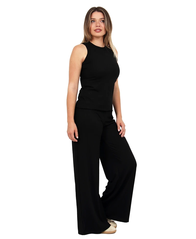24seven Comfort Apparel Women's Ribbed Knit Tank Top and Wide Leg Pant Set