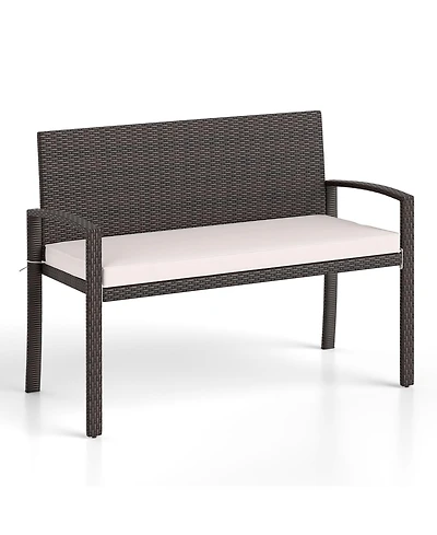 Sugift Wicker 2-Seat Bench with Soft Seat Cushion and Metal Frame