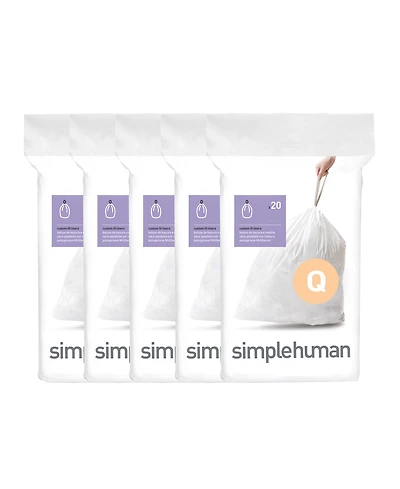 Simplehuman Code Q 100pk Custom Fit Liners with 5 Quick Dispense Packs, 50-65L Kitchen Trash Bag Liners