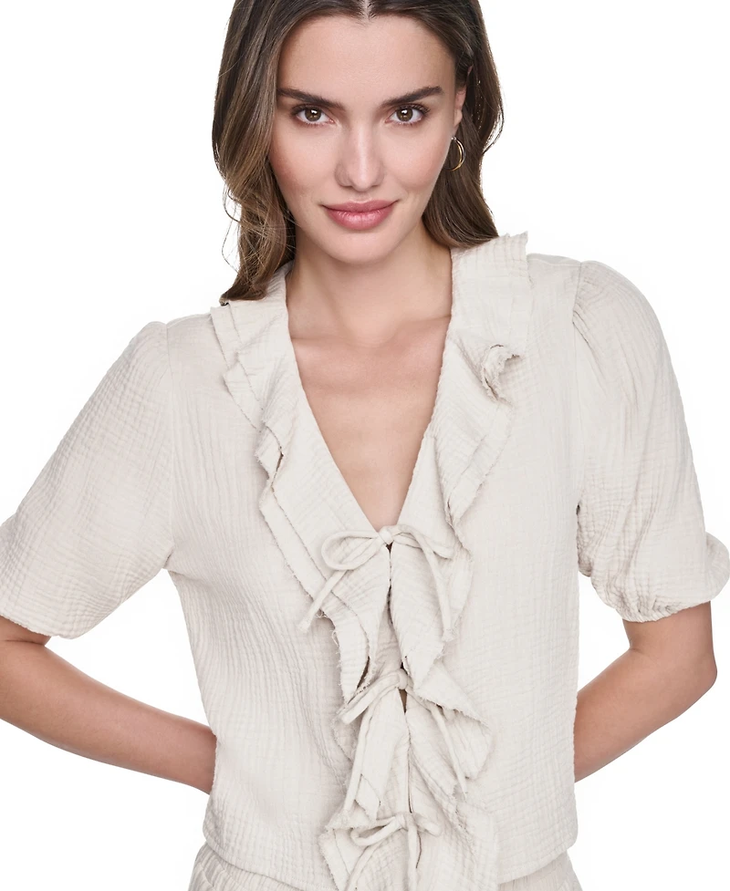 Dkny Jeans Women's V-Neck Short Puff Sleeve Tie-Front Shirt