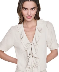 Dkny Jeans Women's V-Neck Short Puff Sleeve Tie-Front Shirt