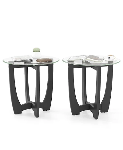 Gymax 2Piece 23.5'' Round End Table w/Glass Tabletop Cross-shaped Solid Rubber Wood Frame