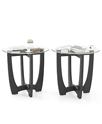 Gymax 2Piece 23.5'' Round End Table w/Glass Tabletop Cross-shaped Solid Rubber Wood Frame