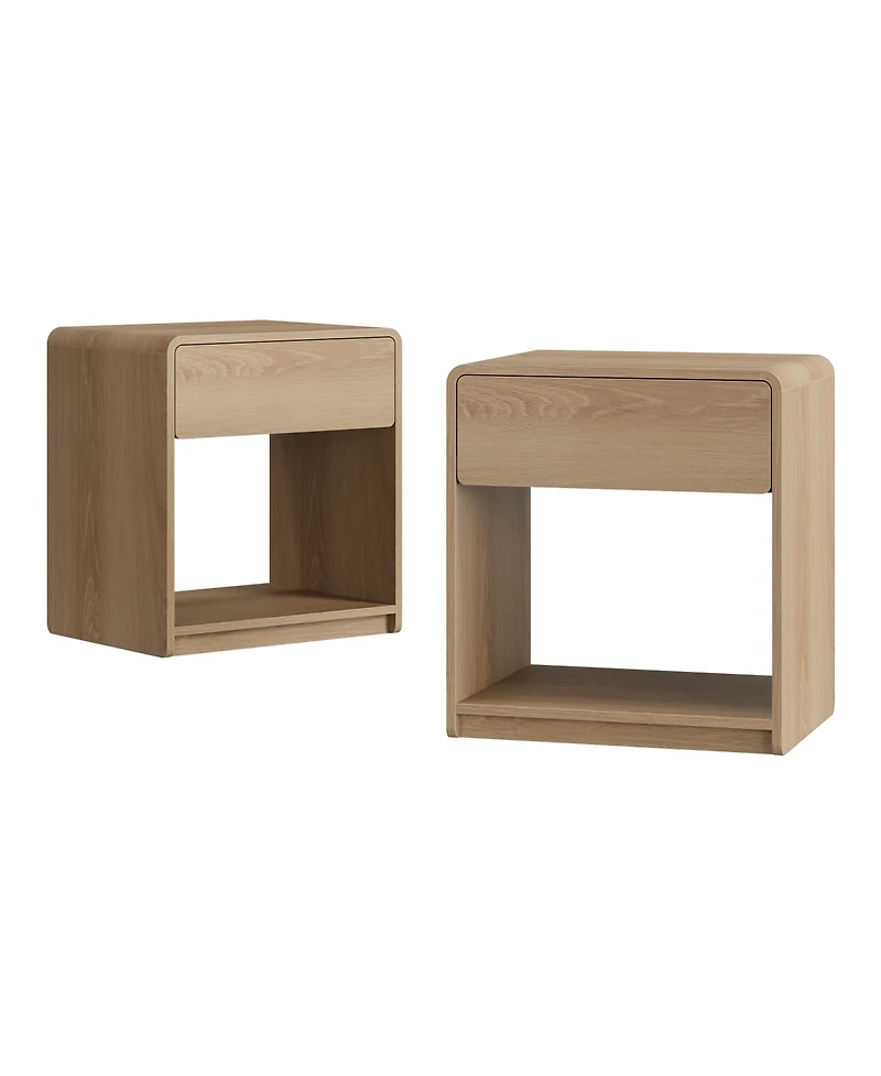 Rainsken Mid-Century Modern Nightstand Set of 2, Wooden Bedside Table with Storage Drawers, Open Shelves and Rounded Corners Design for Bedroom