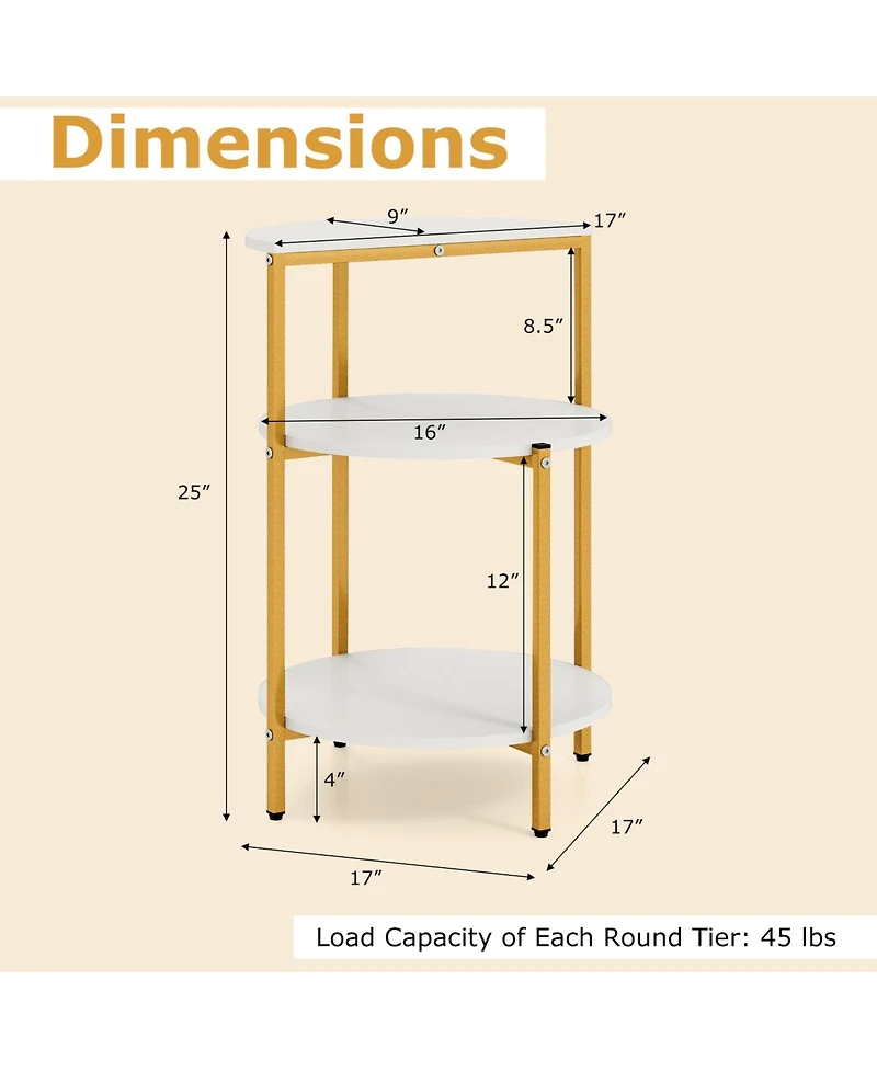 Gymax 2PCS 3-Tier Side Table Round End Table w/Storage Shelves Metal Frame for Bedroom
