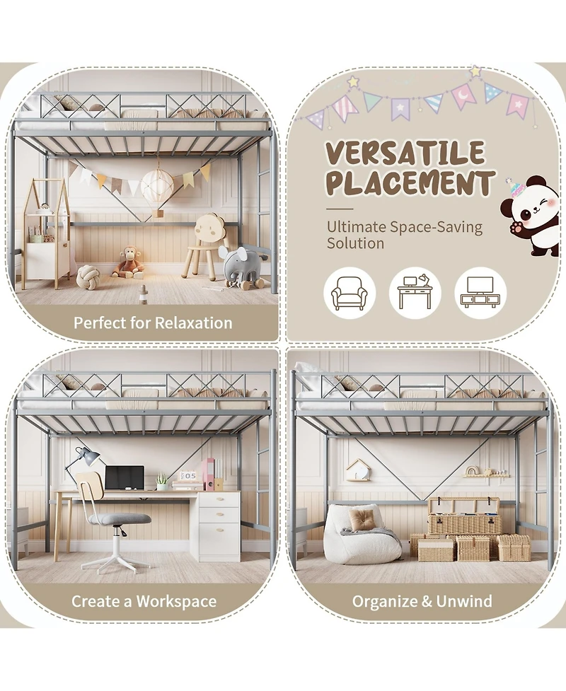 Homfan Metal Loft Bed Frame with Guardrail, Ladder and Underbed Clearance, Box Spring Not Required