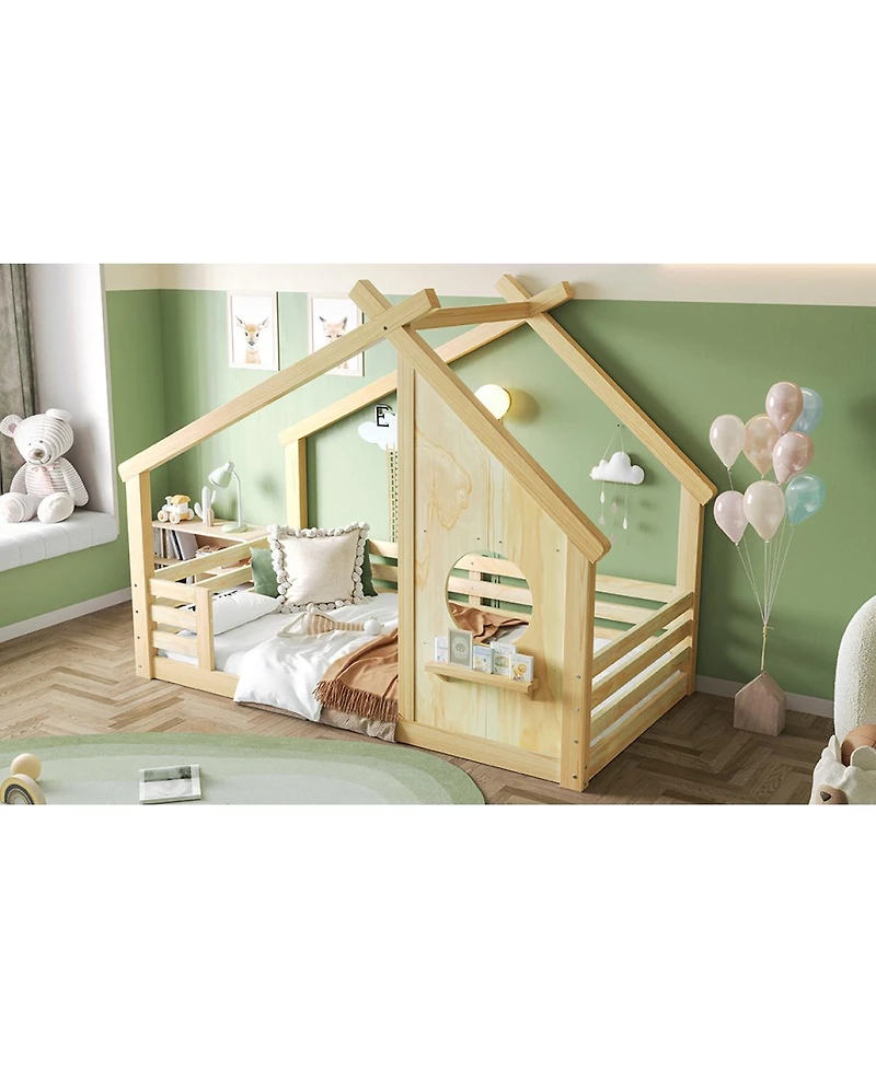Streamdale Furniture Wood Floor Bed with House Frame and Shelf