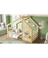 Streamdale Furniture Wood Floor Bed with House Frame and Shelf