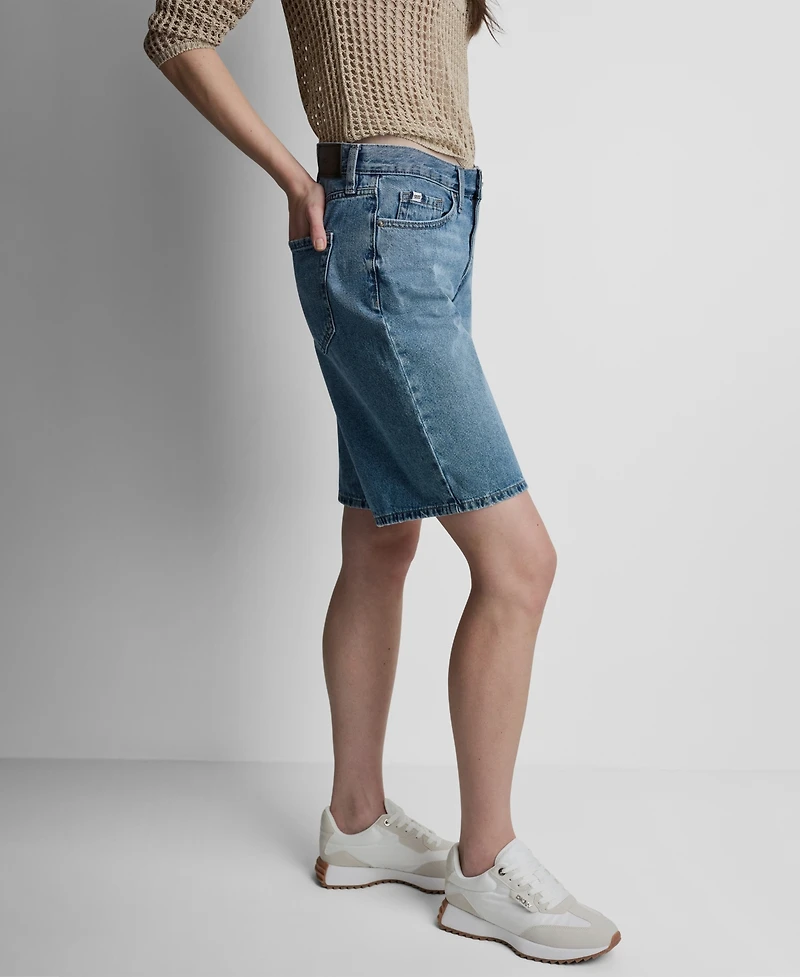 Dkny Jeans Women's High Rise Relaxed Cotton Denim Bermuda Shorts