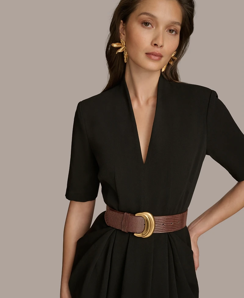 Donna Karan New York Women's V-Neck Belted Sheath Midi Dress