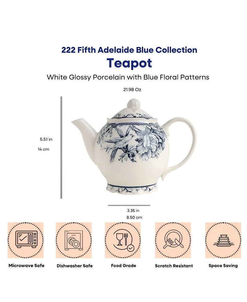 222 Fifth Adelaide Blue Teapot, 22 oz.