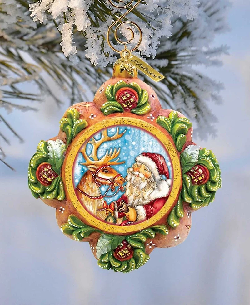 G.DeBrekht Hand Painted Scenic Ornament Santa with Reindeer