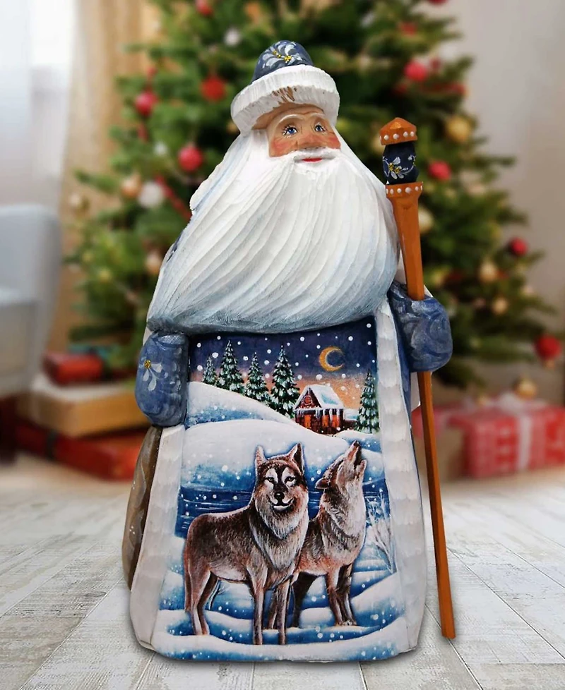 G.DeBrekht Woodcarved and Hand Painted Santa Wolf and Bird Figurine