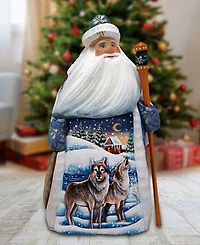 G.DeBrekht Woodcarved and Hand Painted Santa Wolf and Bird Figurine
