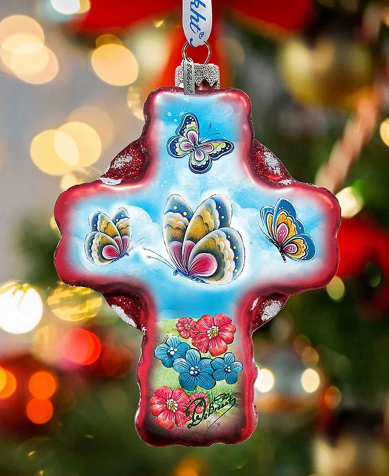 G.DeBrekht Butterflies Cross Glass Ornament