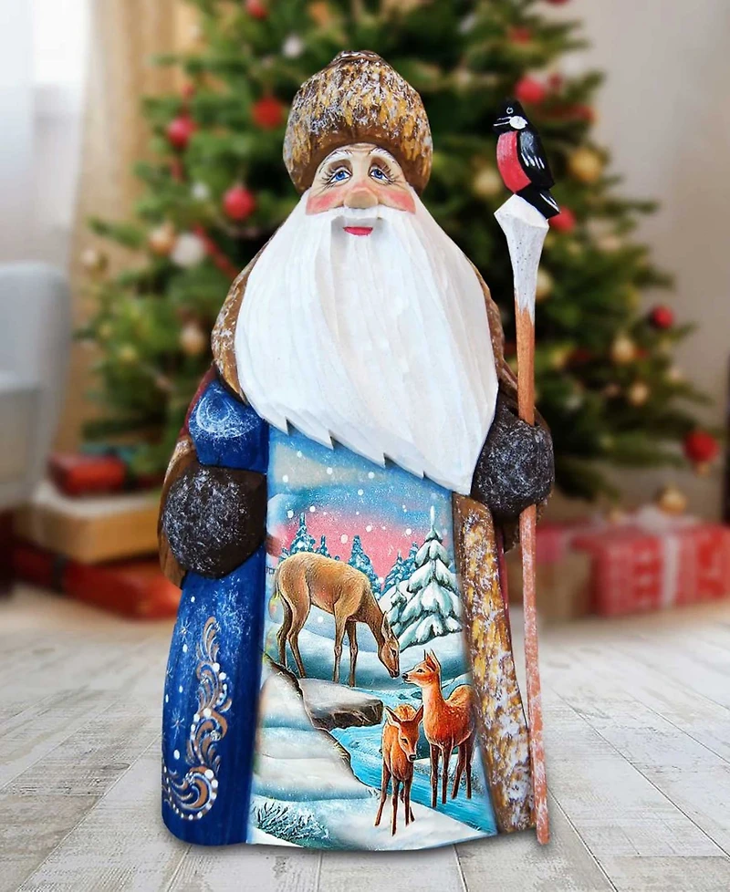 G.DeBrekht Woodcarved and Hand Painted Santa Deer Crossing Santa Figurine
