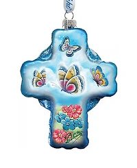 G.DeBrekht Blue Butterflies Cross Glass Ornament