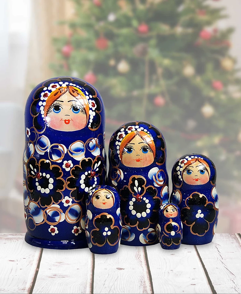 G.DeBrekht Blue Floral 5 Piece Russian Matryoshka Nested Doll Set