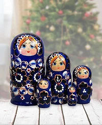 G.DeBrekht Blue Floral 5 Piece Russian Matryoshka Nested Doll Set