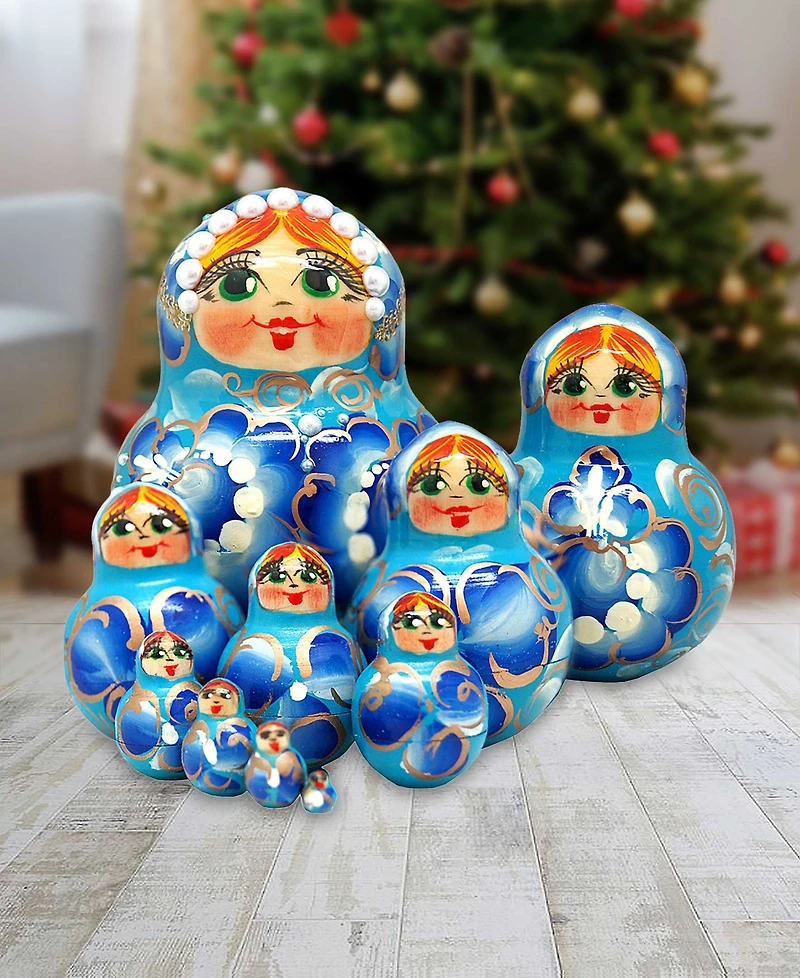G.DeBrekht Flower In Blue 10 Piece Russian Matryoshka Nested Doll Set