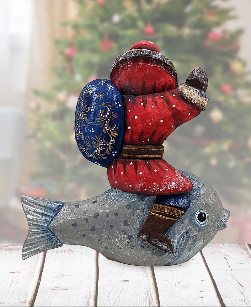 G.DeBrekht Woodcarved Hand Painted Silver Treasure Fish Santa Figurine